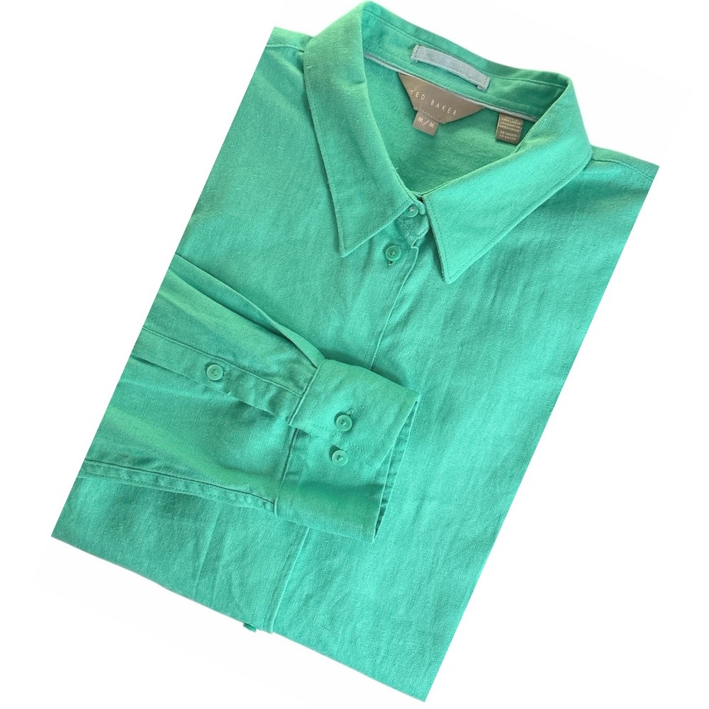 NWOT Ted Baker Linen Blend Button-Up Shirt Green Teal Long Sleeve Collared Men M